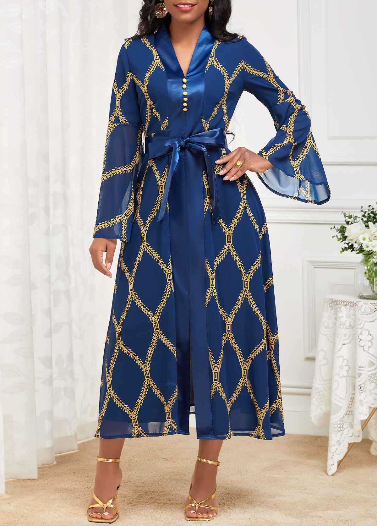 Navy Patchwork Tribal Print Belted New Year Dress