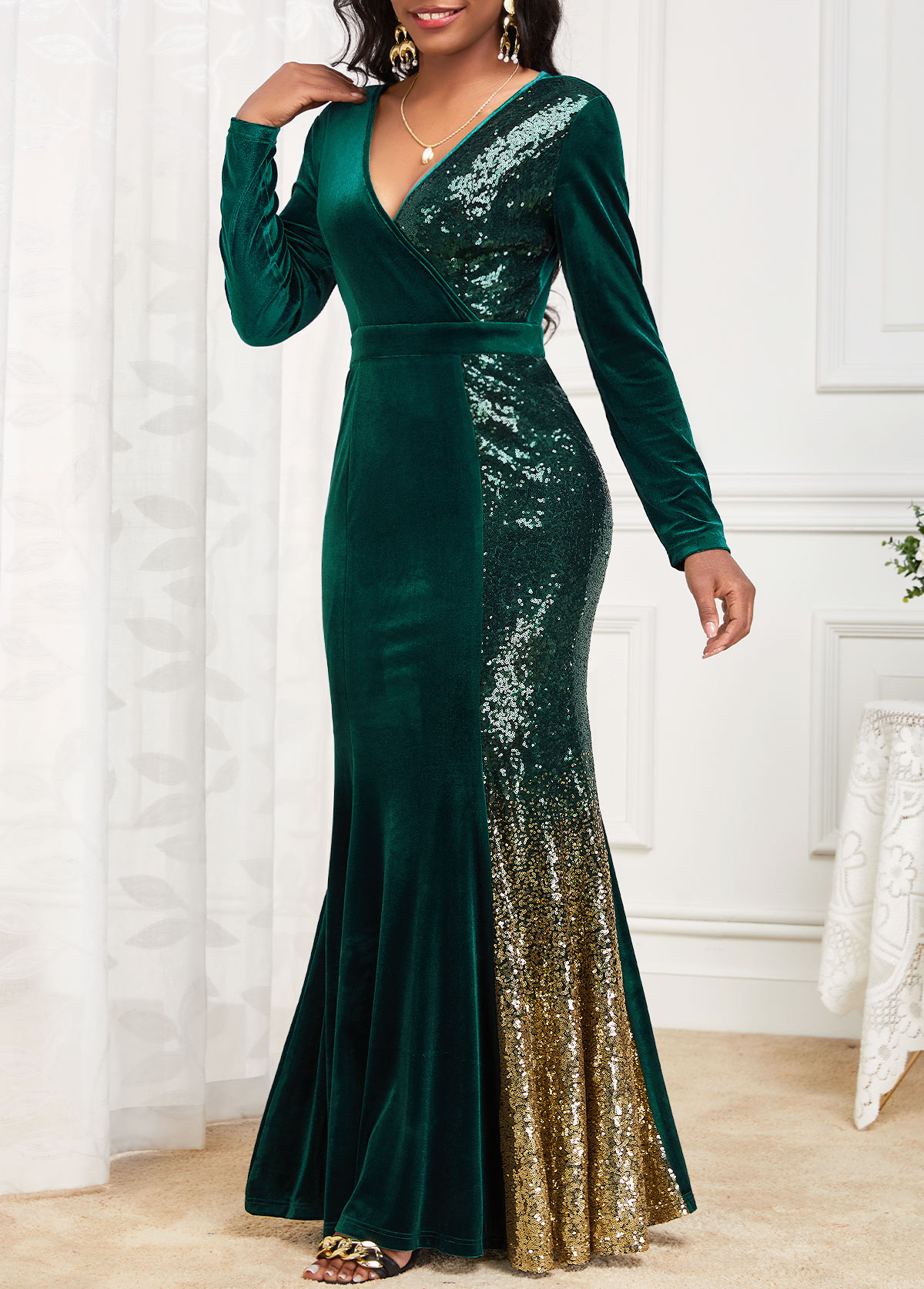 Blackish Green Mermaid Ombre Long Sleeve Maxi Bodycon Dress