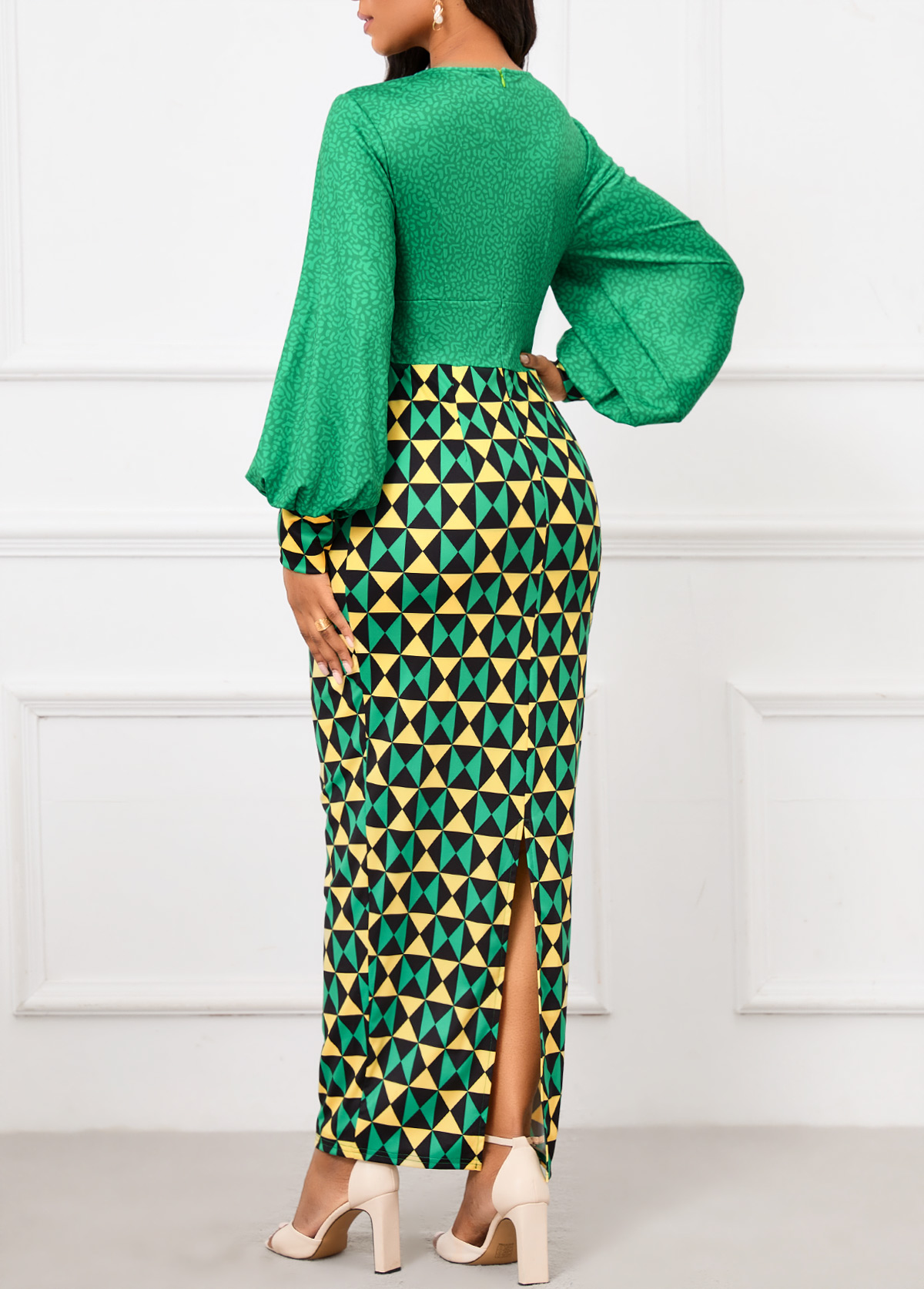Green Patchwork Geometric Print Maxi Bodycon Dress