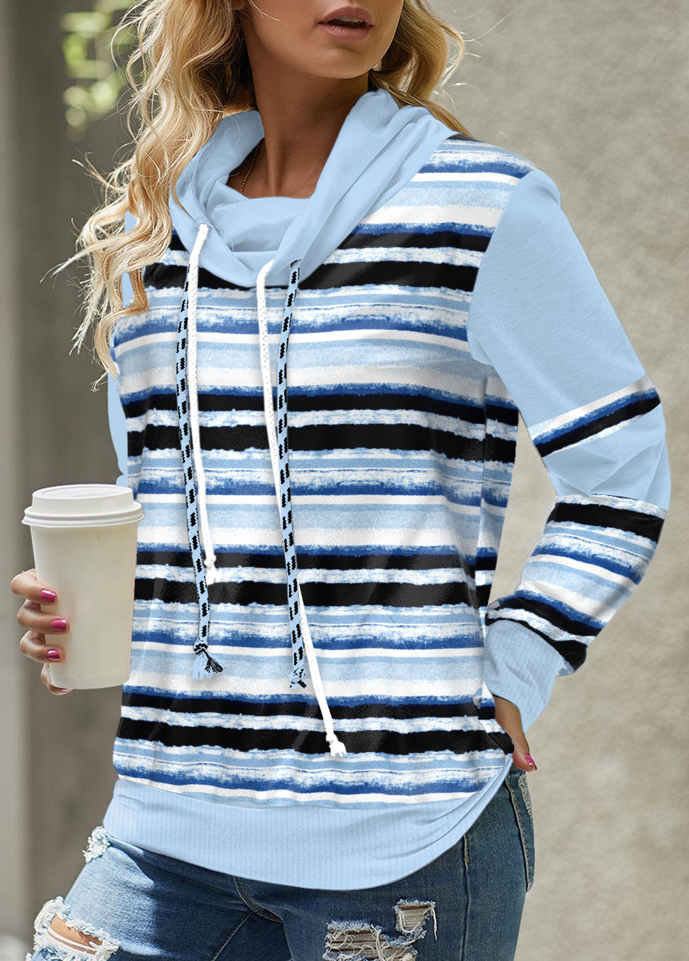 Light Blue Patchwork Striped Long Sleeve Cowl Neck Sweatshirt