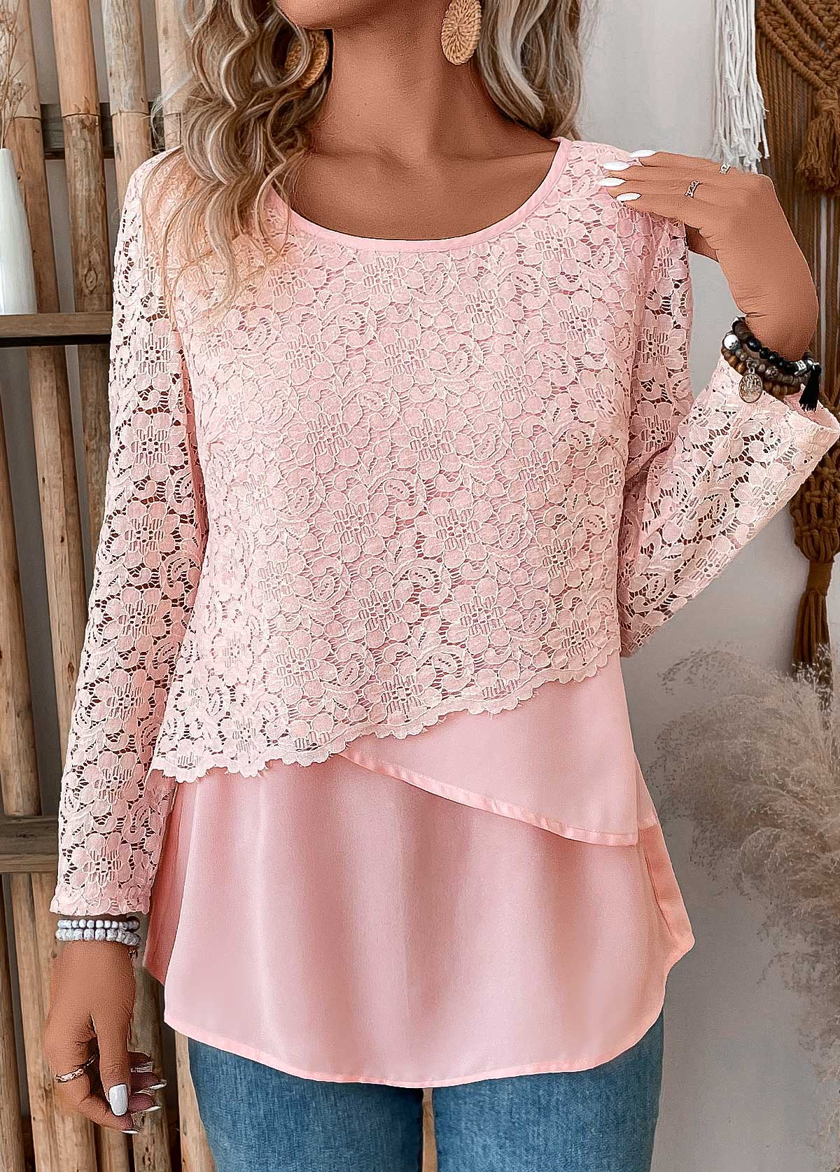 Light Pink Lace Long Sleeve Round Neck Blouse
