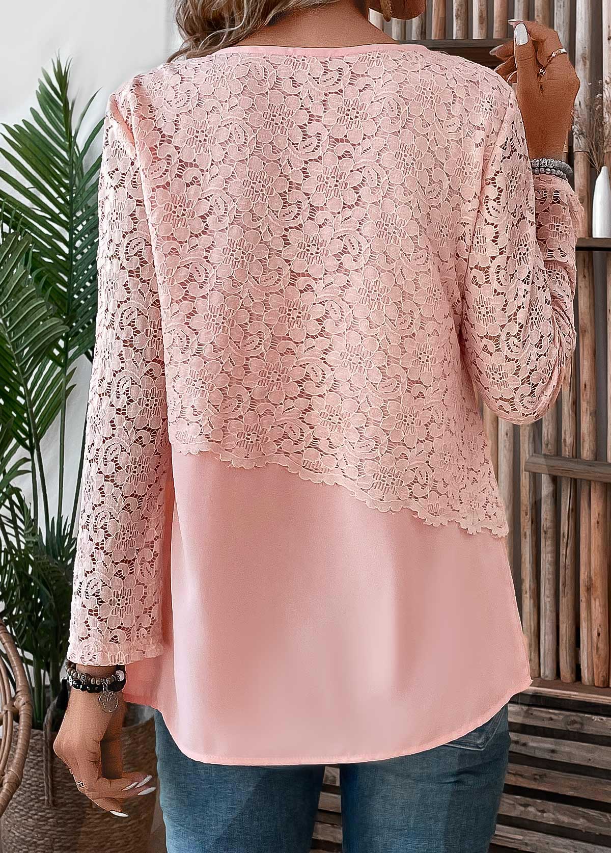Light Pink Lace Long Sleeve Round Neck Blouse