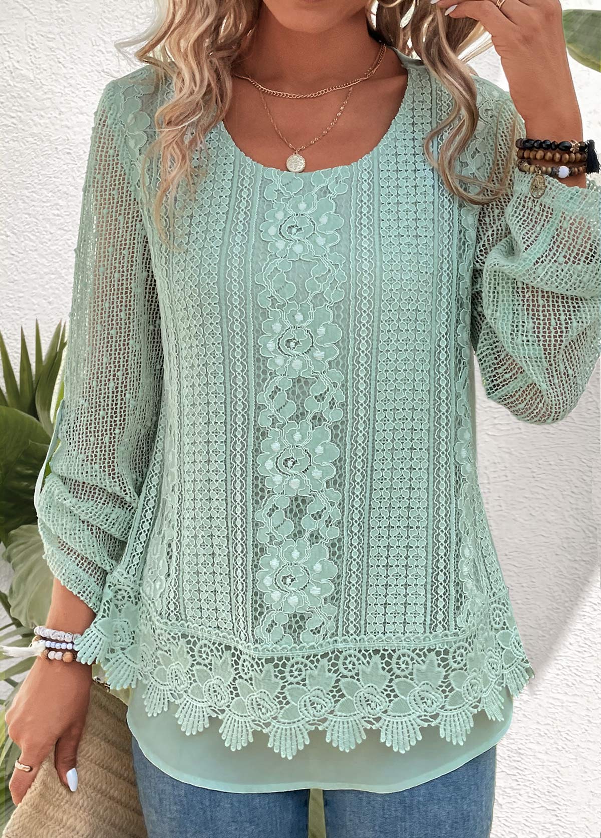 Green Lace Long Sleeve Round Neck Blouse