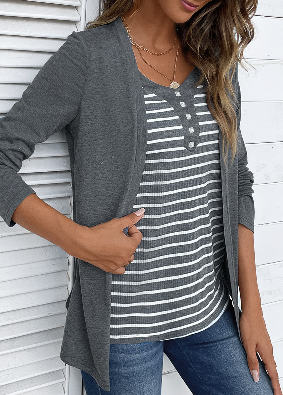 Plus Size Dark Grey Marl Fake Two Piece Twinset | picture 