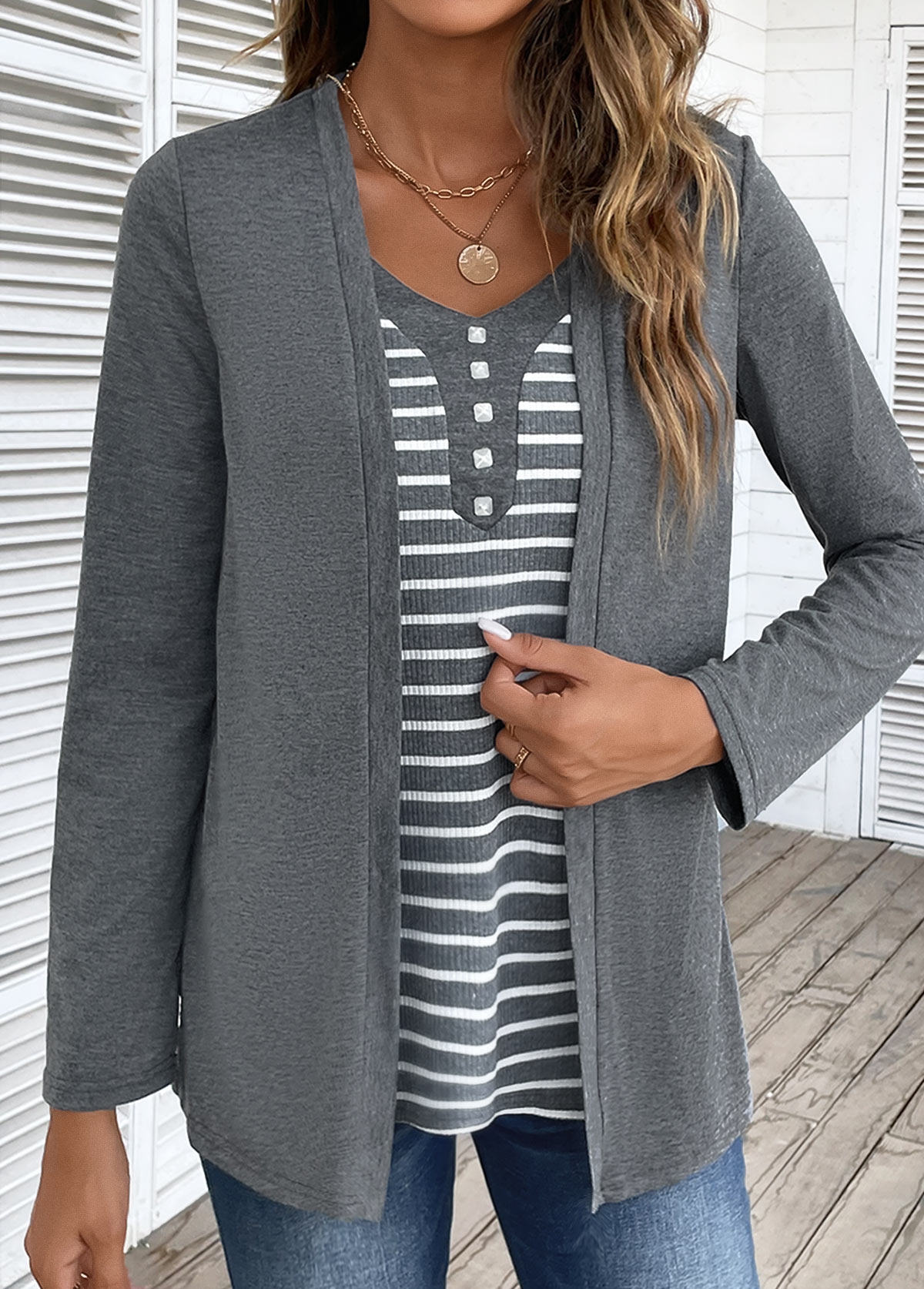 Plus Size Dark Grey Marl Fake Two Piece Twinset | picture 