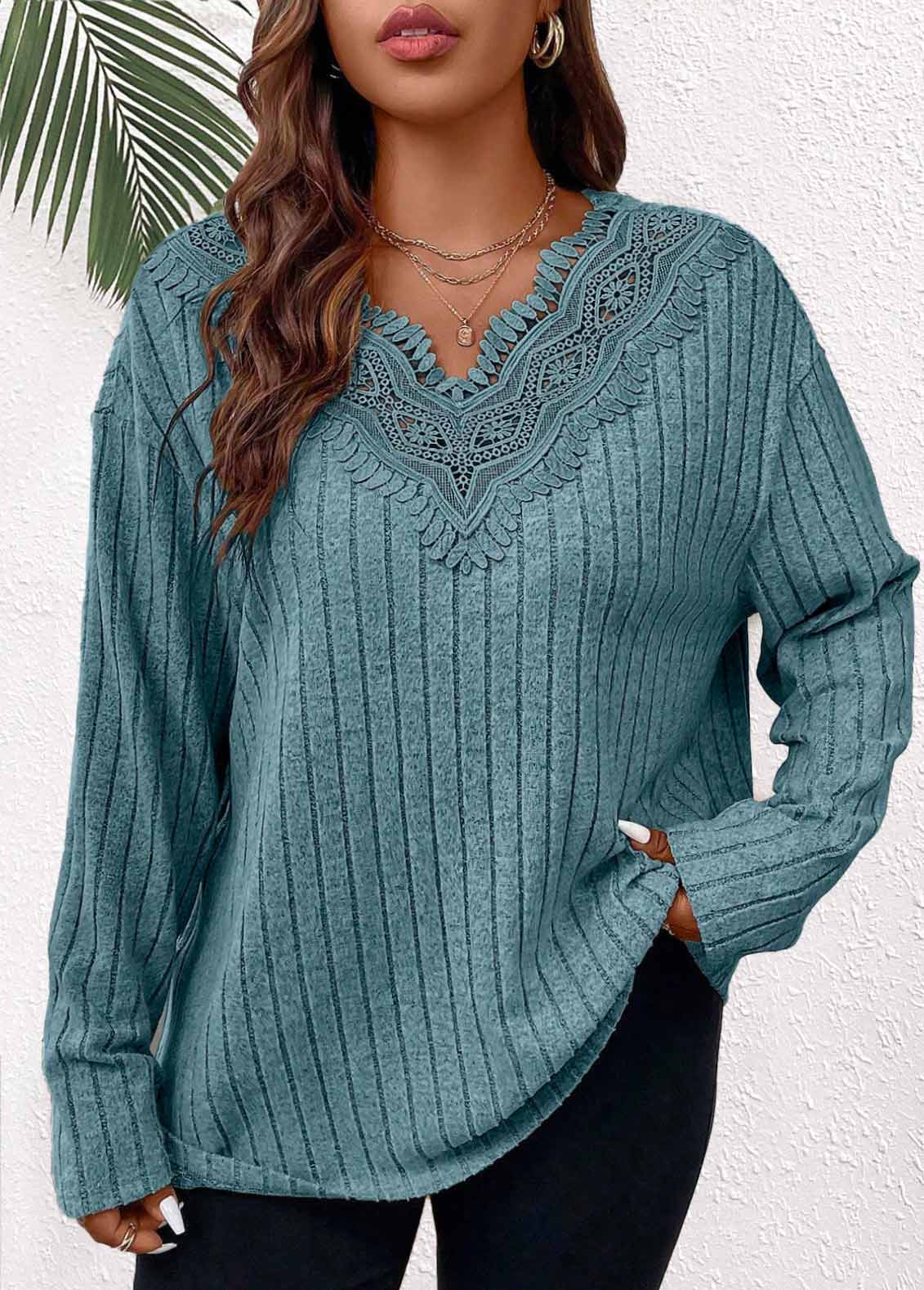Dusty Blue Patchwork Plus Size Long Sleeve T Shirt | picture 