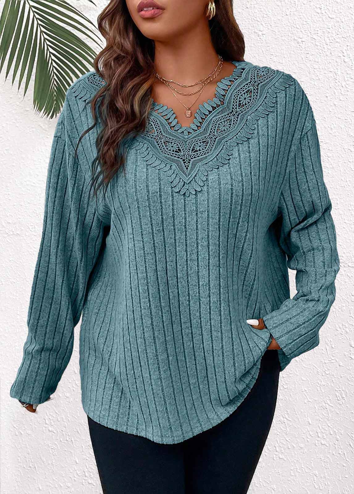 Dusty Blue Patchwork Plus Size Long Sleeve T Shirt | picture 