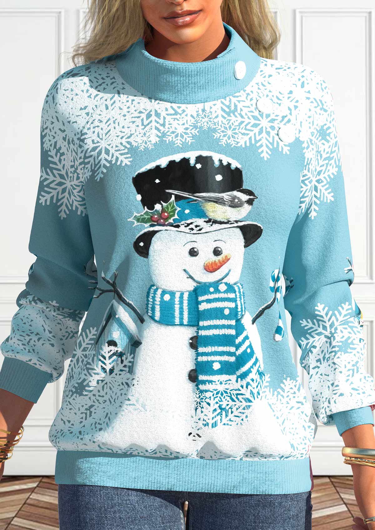 Light Blue Button Snowman Print Long Sleeve Sweatshirt