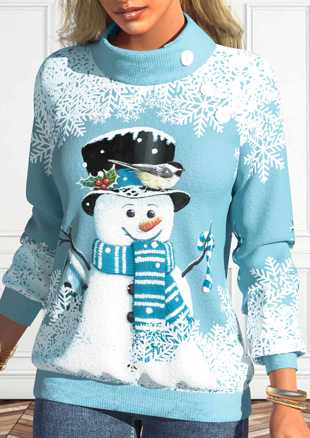 Light Blue Button Plus Size Snowman Print Turtleneck Sweatshirt