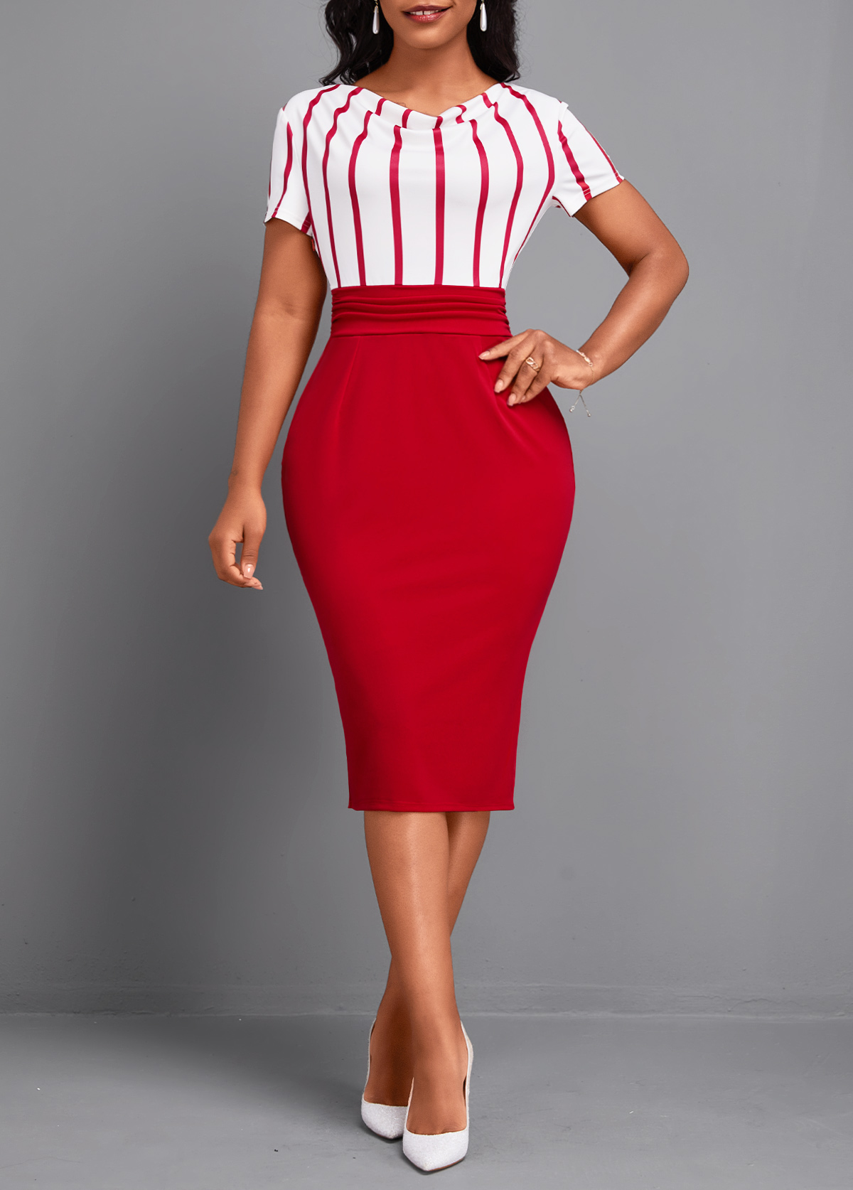 Red Bowknot Striped Short Sleeve Draped Neck Bodycon Dress