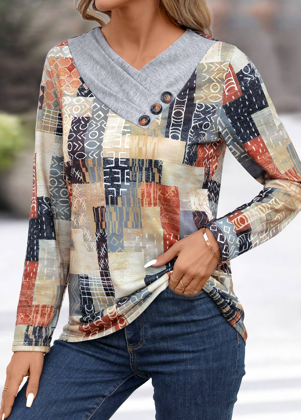 Light Grey Patchwork Geometric Print Long Sleeve T Shirt | picture 