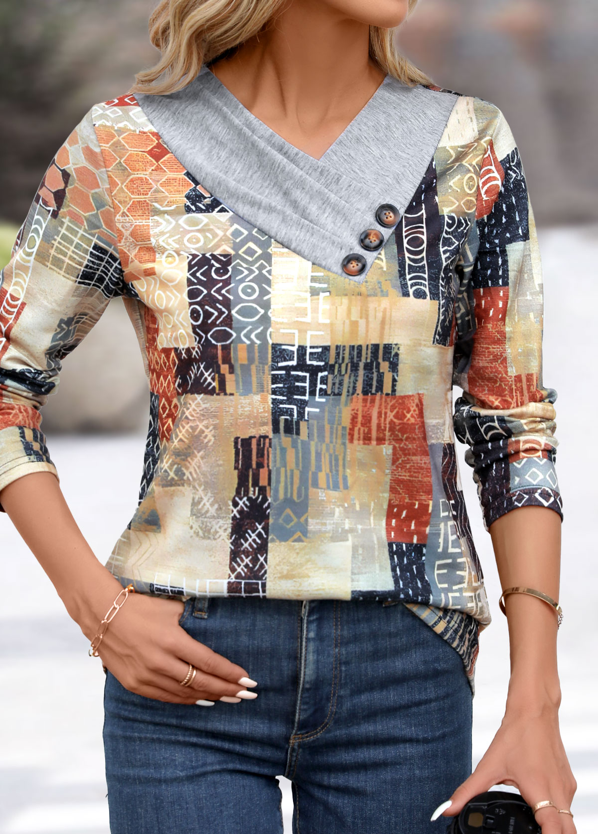 Light Grey Patchwork Geometric Print Long Sleeve T Shirt | picture 