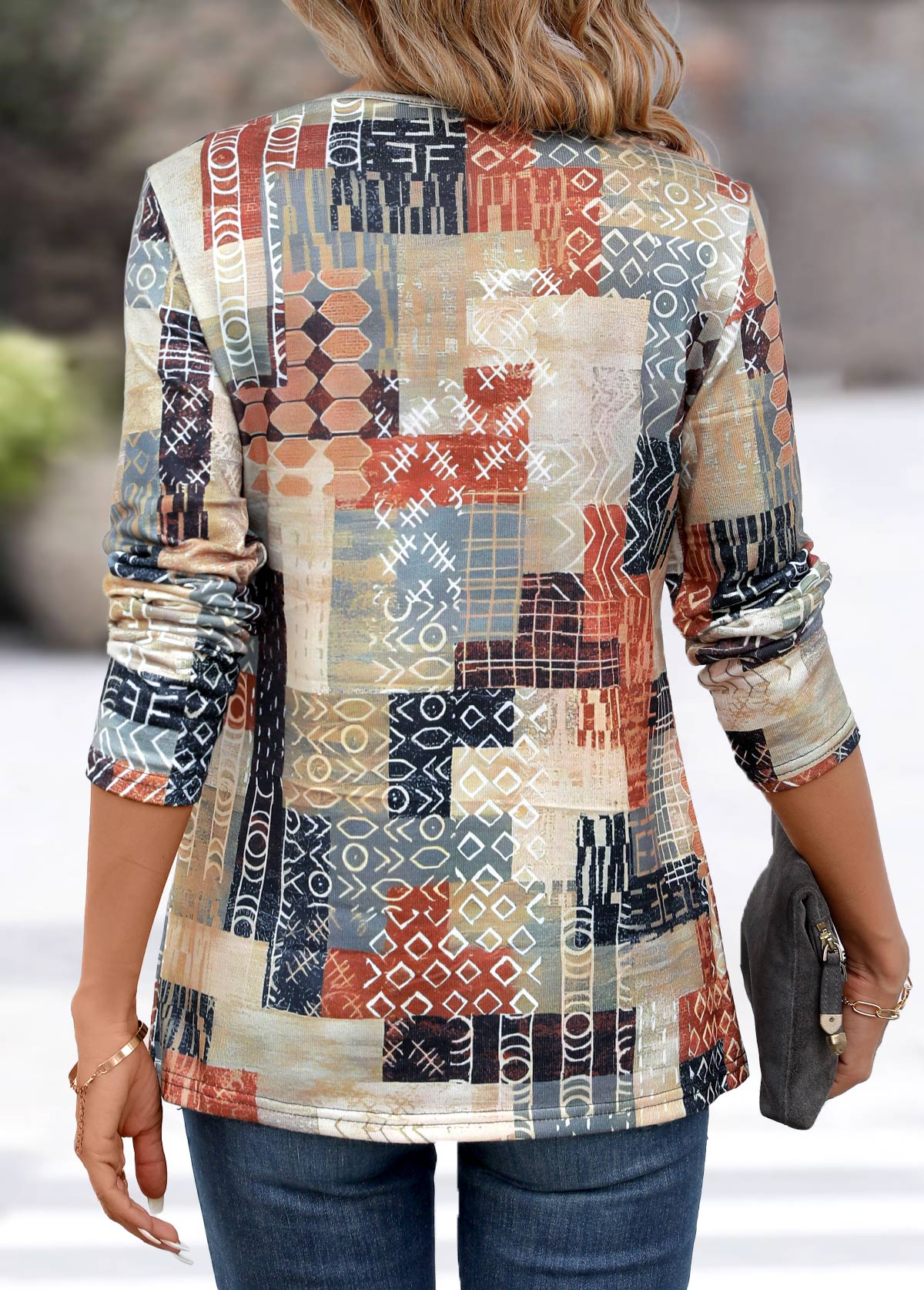 Light Grey Patchwork Geometric Print Long Sleeve T Shirt | picture 