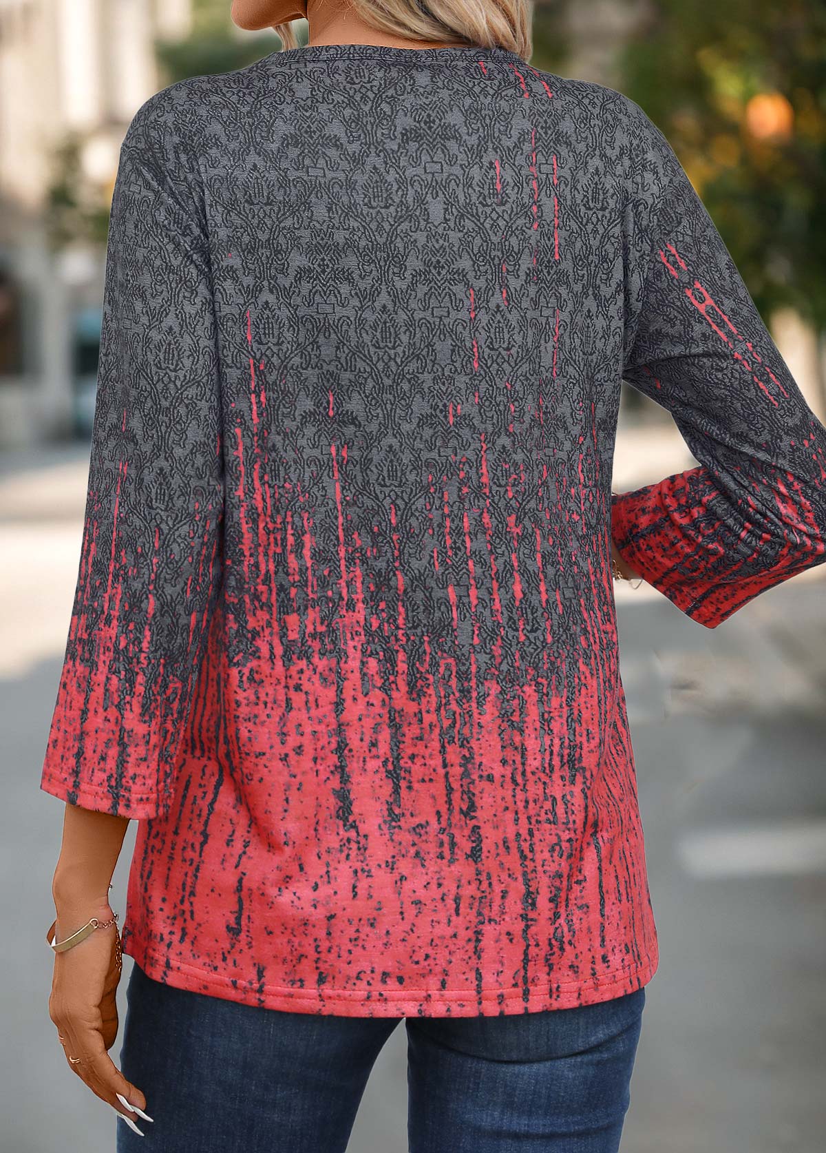 Coral Button Ombre Three Quarter Length Sleeve T Shirt