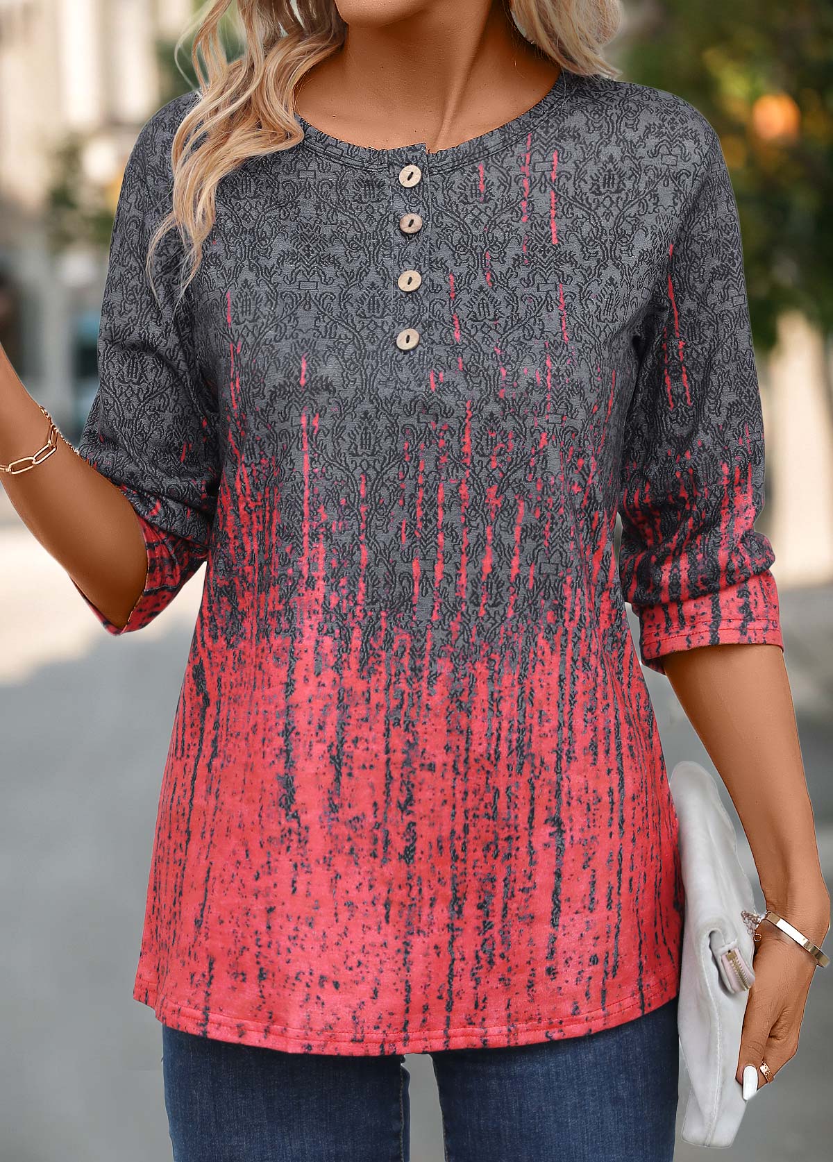 Coral Button Ombre Three Quarter Length Sleeve T Shirt