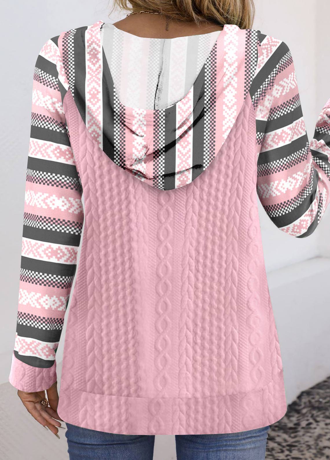 Pink Textured Fabric Multi Stripe Print Long Sleeve Hoodie