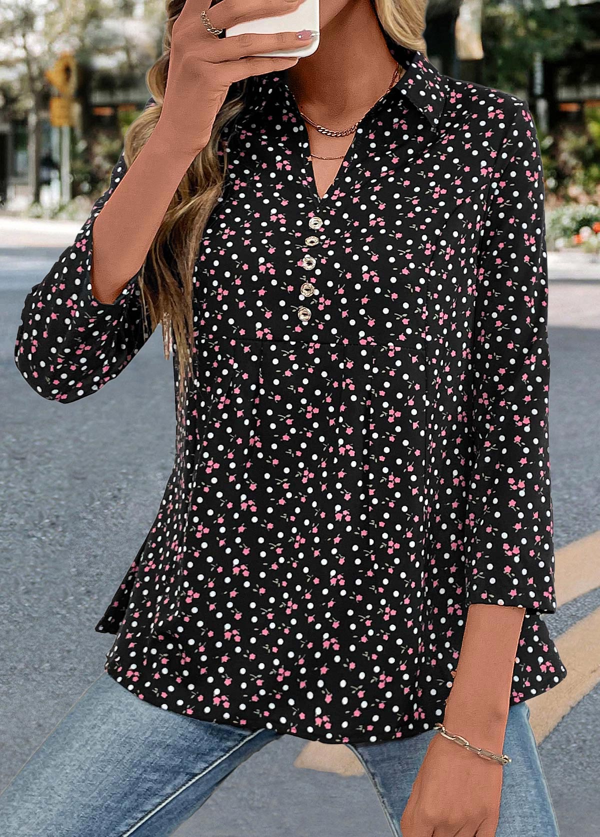 Black Friday Button Ditsy Floral Print Long Sleeve Blouse