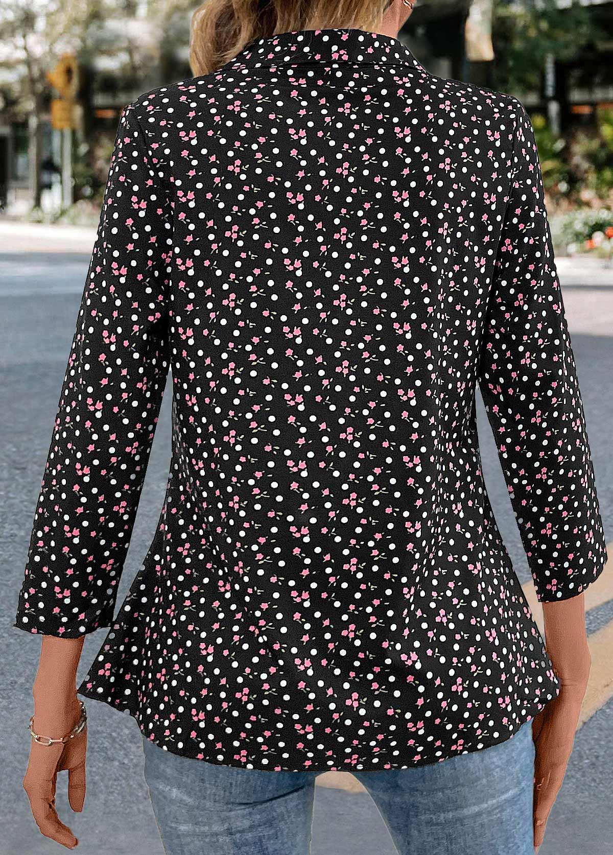 Black Friday Button Ditsy Floral Print Long Sleeve Blouse