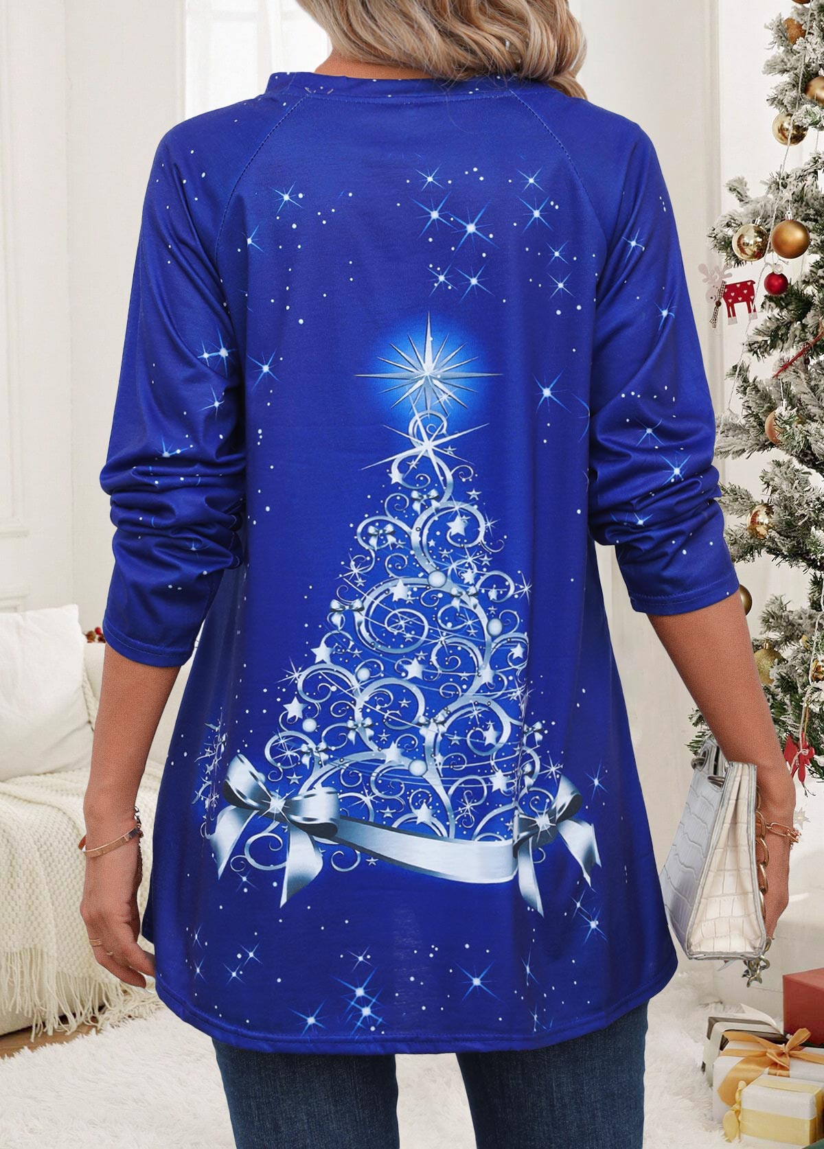 Dark Blue Christmas Print Long Sleeve T Shirt