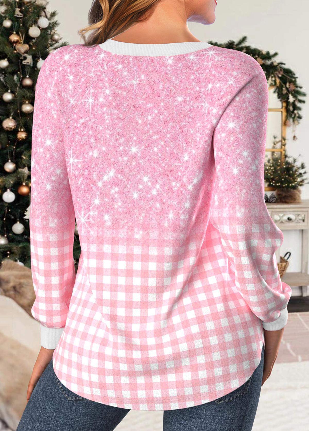 Light Pink Christmas Print Long Sleeve Round Neck Sweatshirt