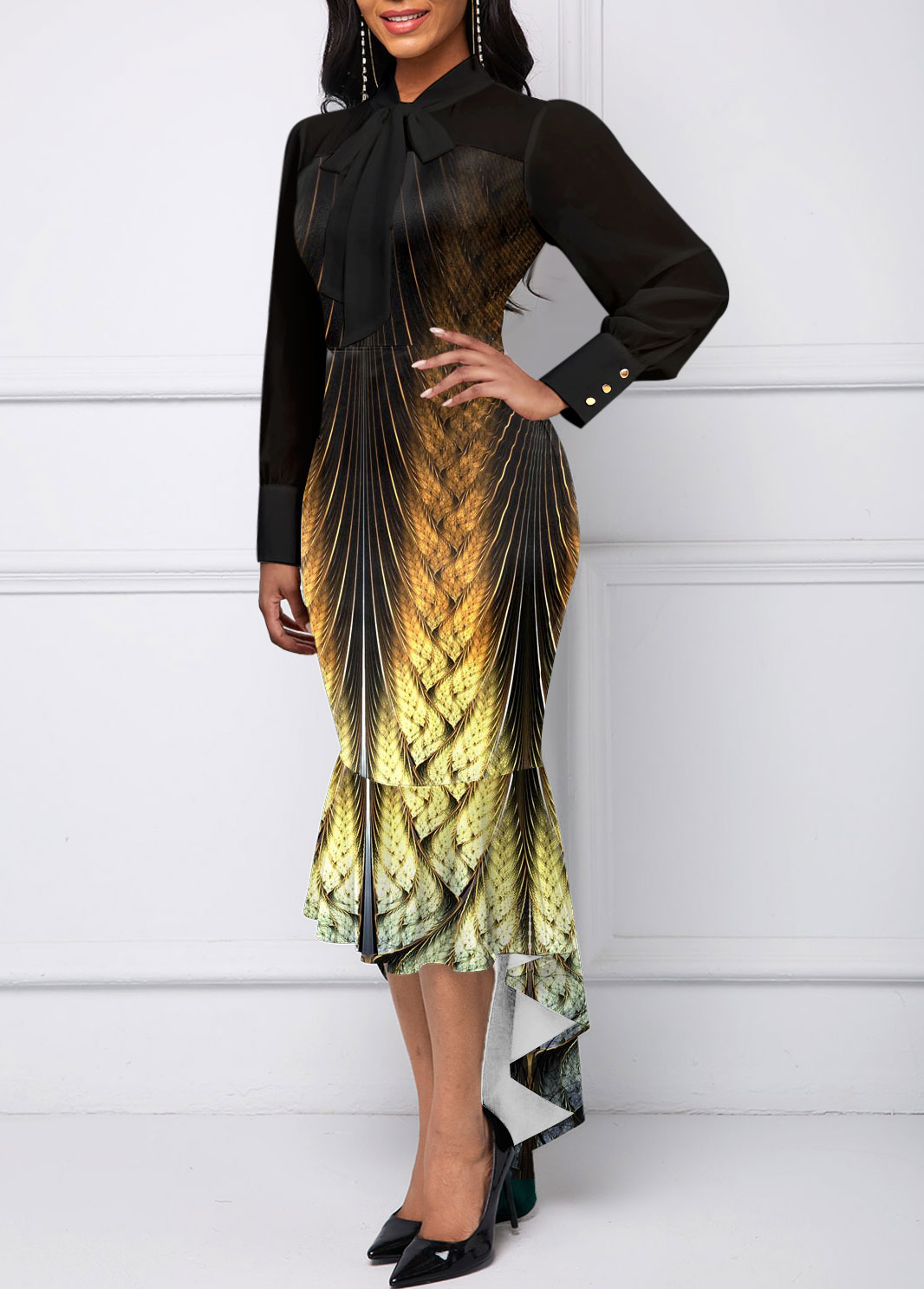 Black Mermaid Tribal Print High Low Bodycon Dress