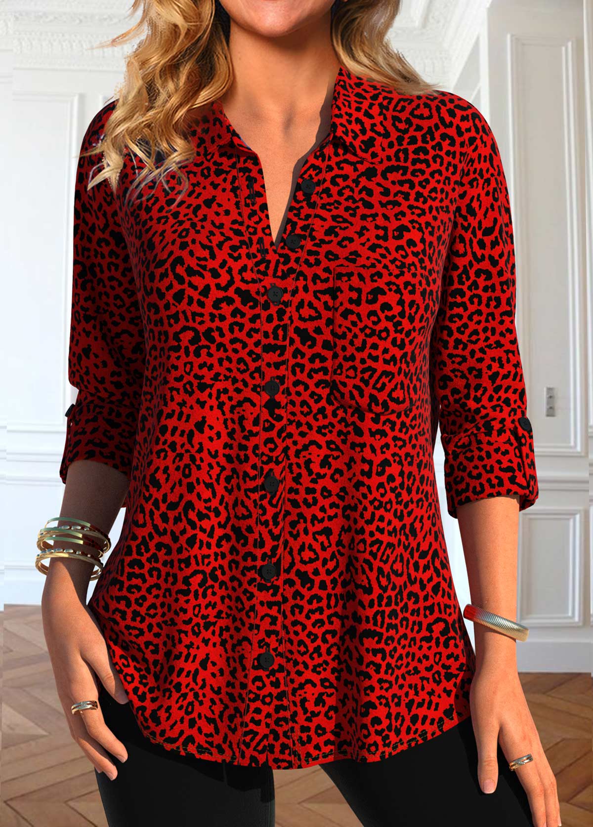 Red Button Leopard Long Sleeve Shirt Collar Blouse