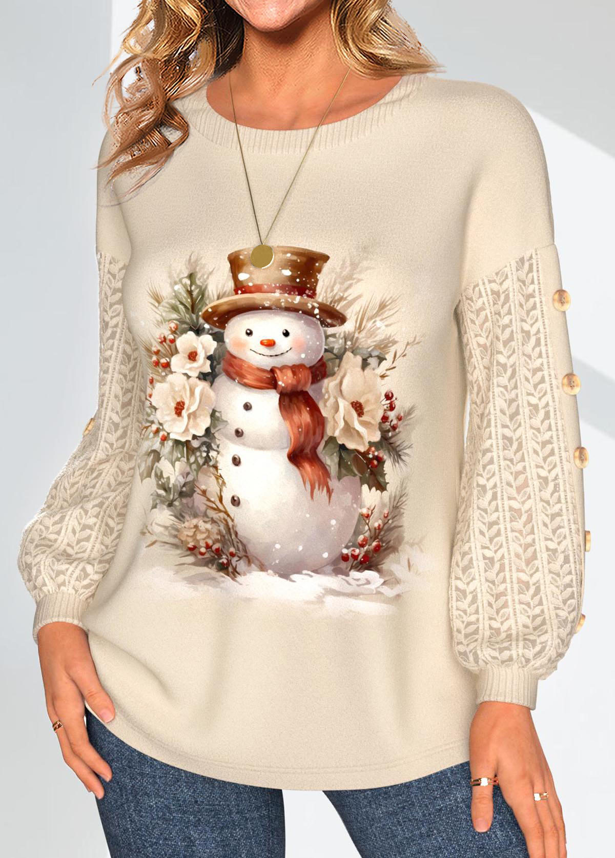 Plus Size Light Camel Lace Santa Claus Print Sweatshirt