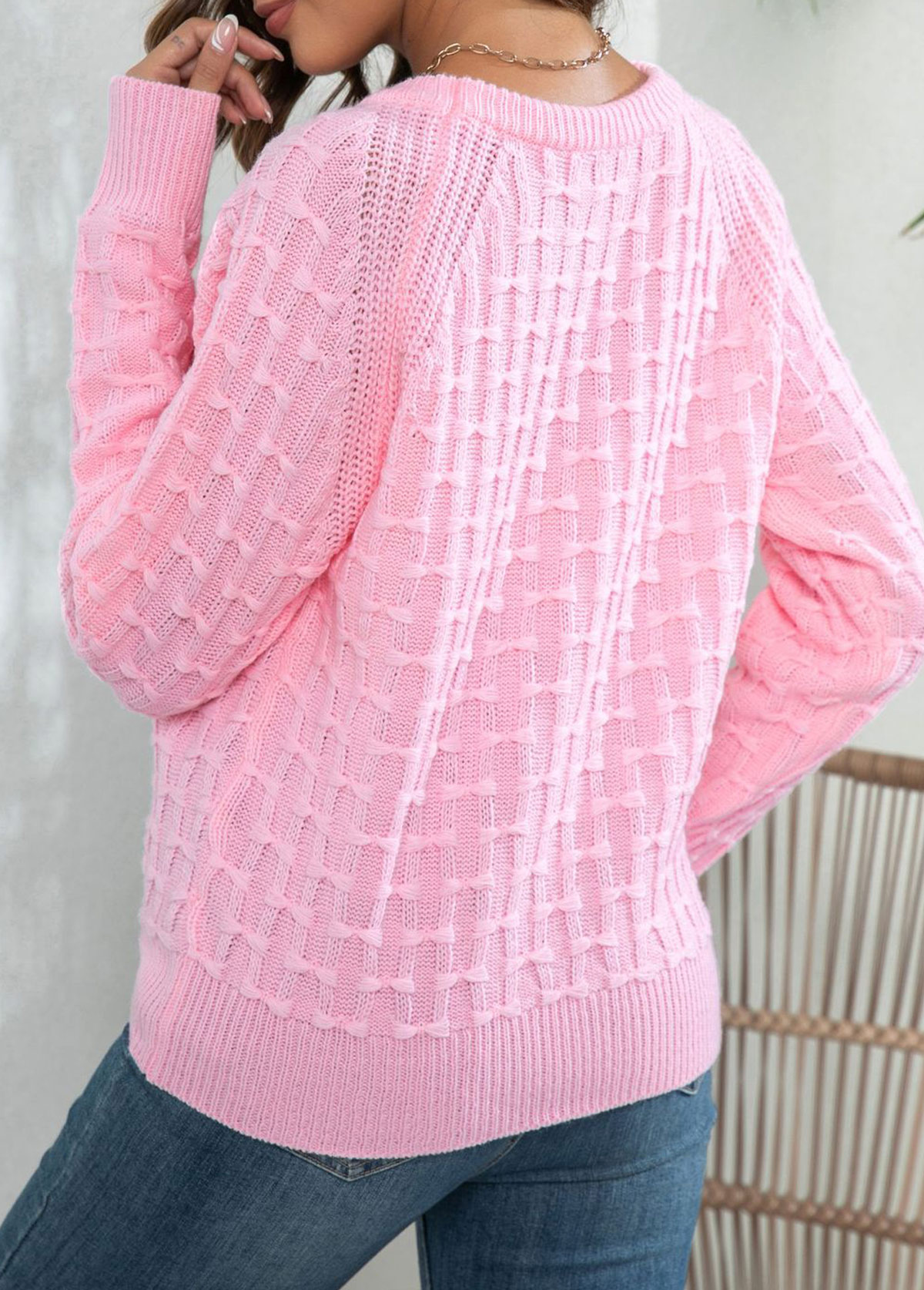 Pink Button Long Sleeve Round Neck Sweater