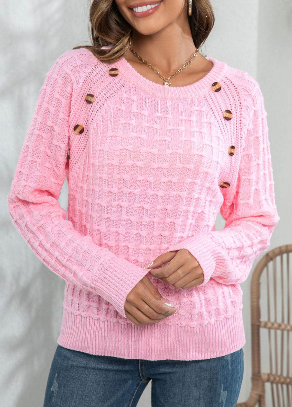Pink Button Long Sleeve Round Neck Sweater