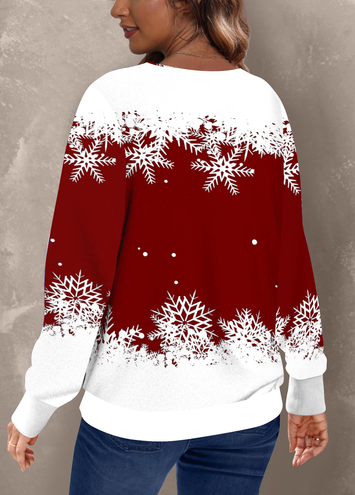 Wine Red Patchwork Christmas Print Long Sleeve Sweatshirt