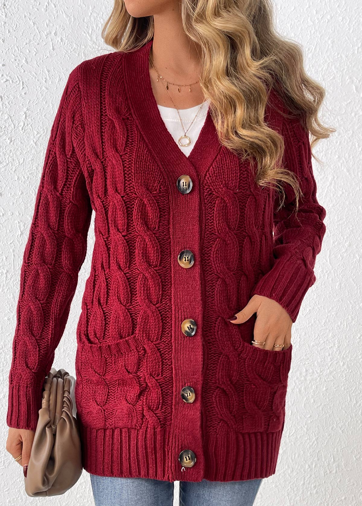 Wine Red Button Long Sleeve V Neck Cardigan