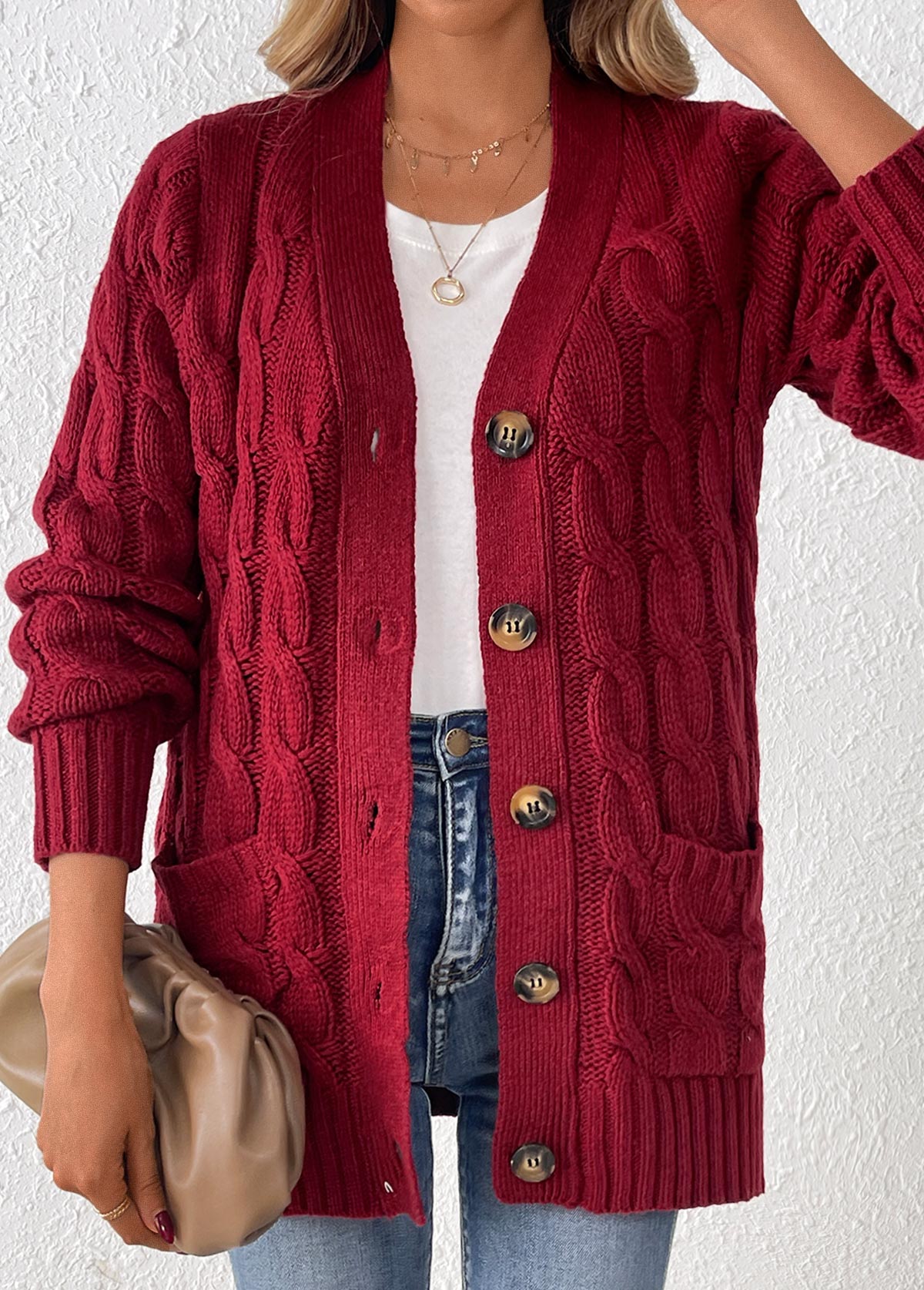 Wine Red Button Long Sleeve V Neck Cardigan