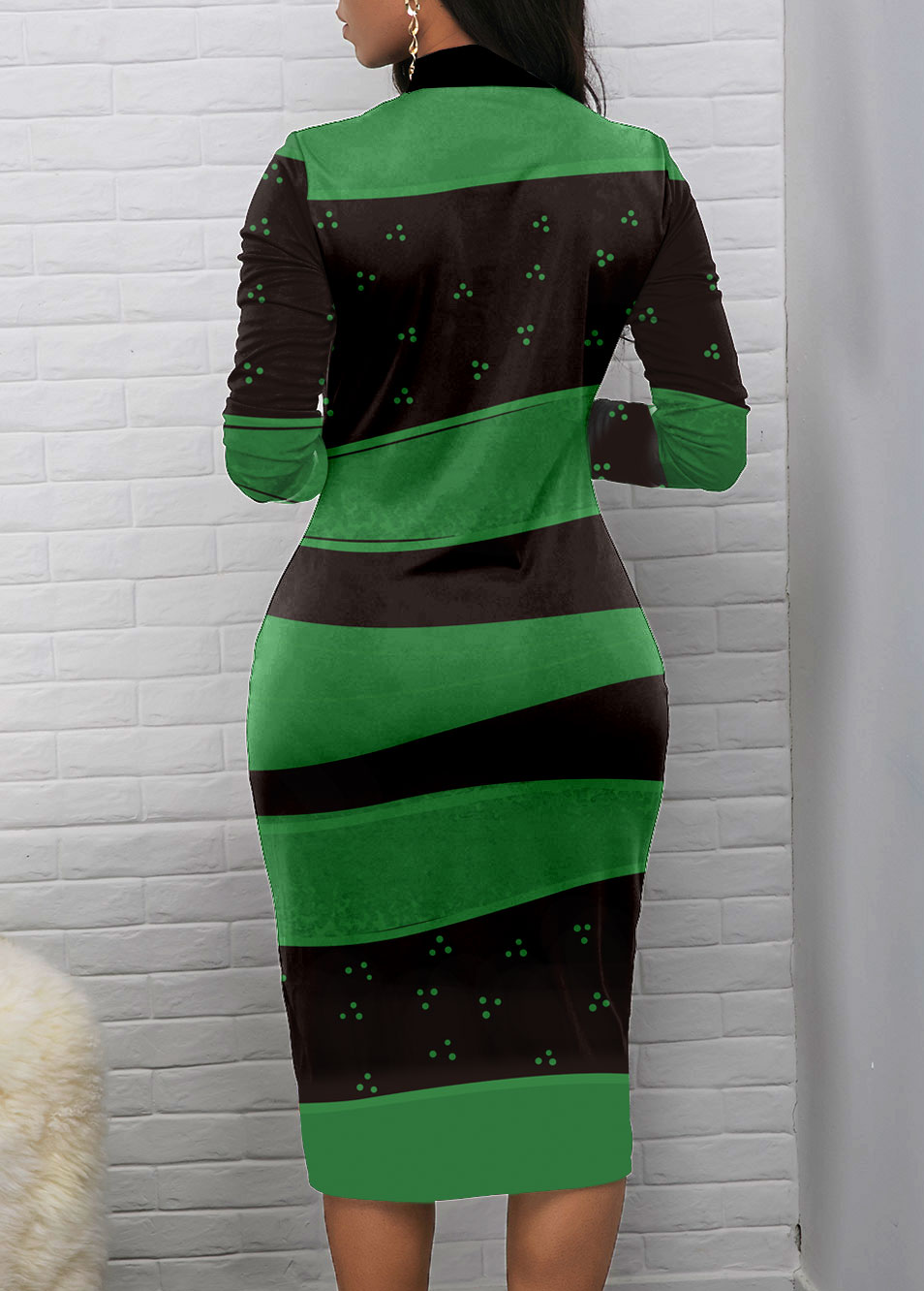 Green Zipper Geometric Print Long Sleeve Bodycon Dress