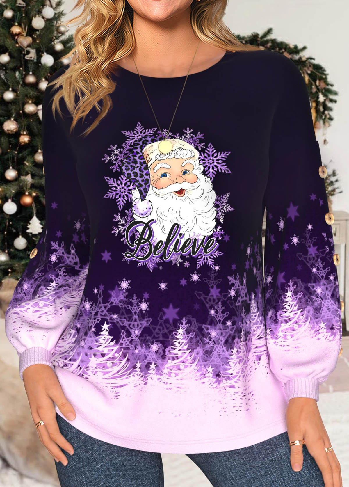 Christmas Purple Button Santa Claus Print Long Sleeve Sweatshirt