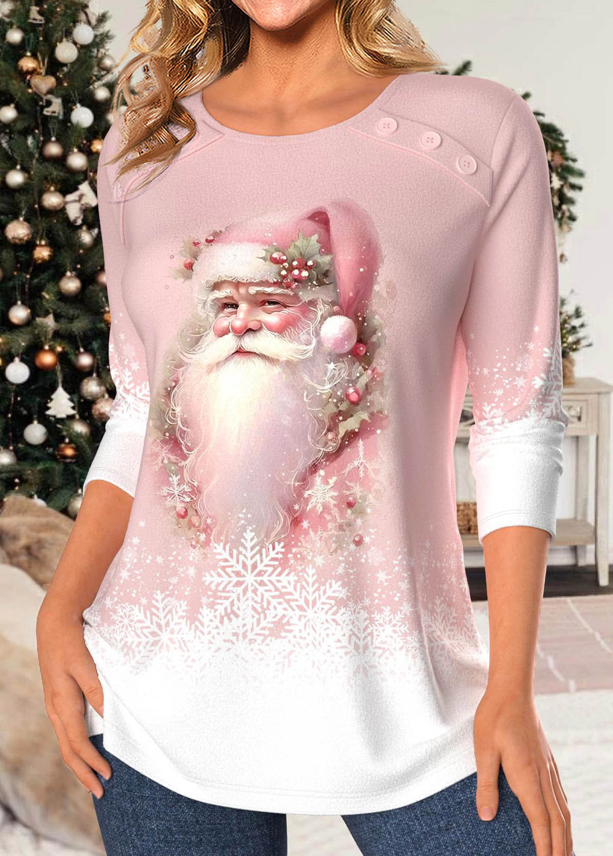 Christmas Light Pink Button Santa Claus Print T Shirt