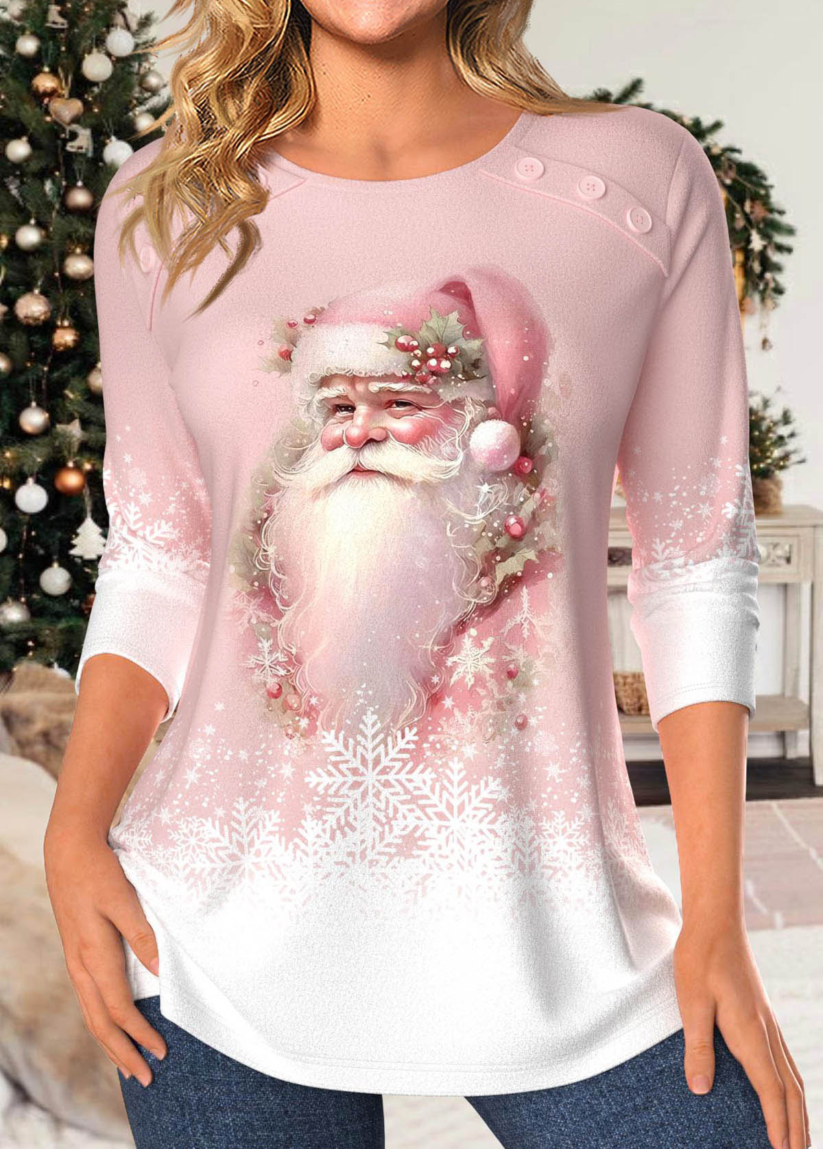 Christmas Light Pink Button Santa Claus Print T Shirt