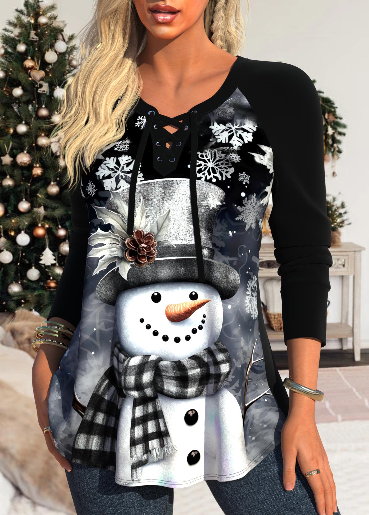 Black Lace Up Snowman Print Long Sleeve Sweatshirt