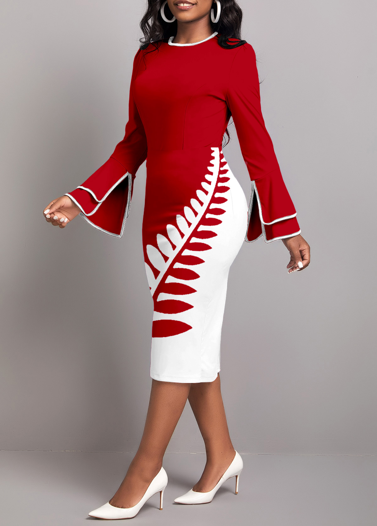 Wine Red Patchwork Leaf Print Long Sleeve Bodycon Dress