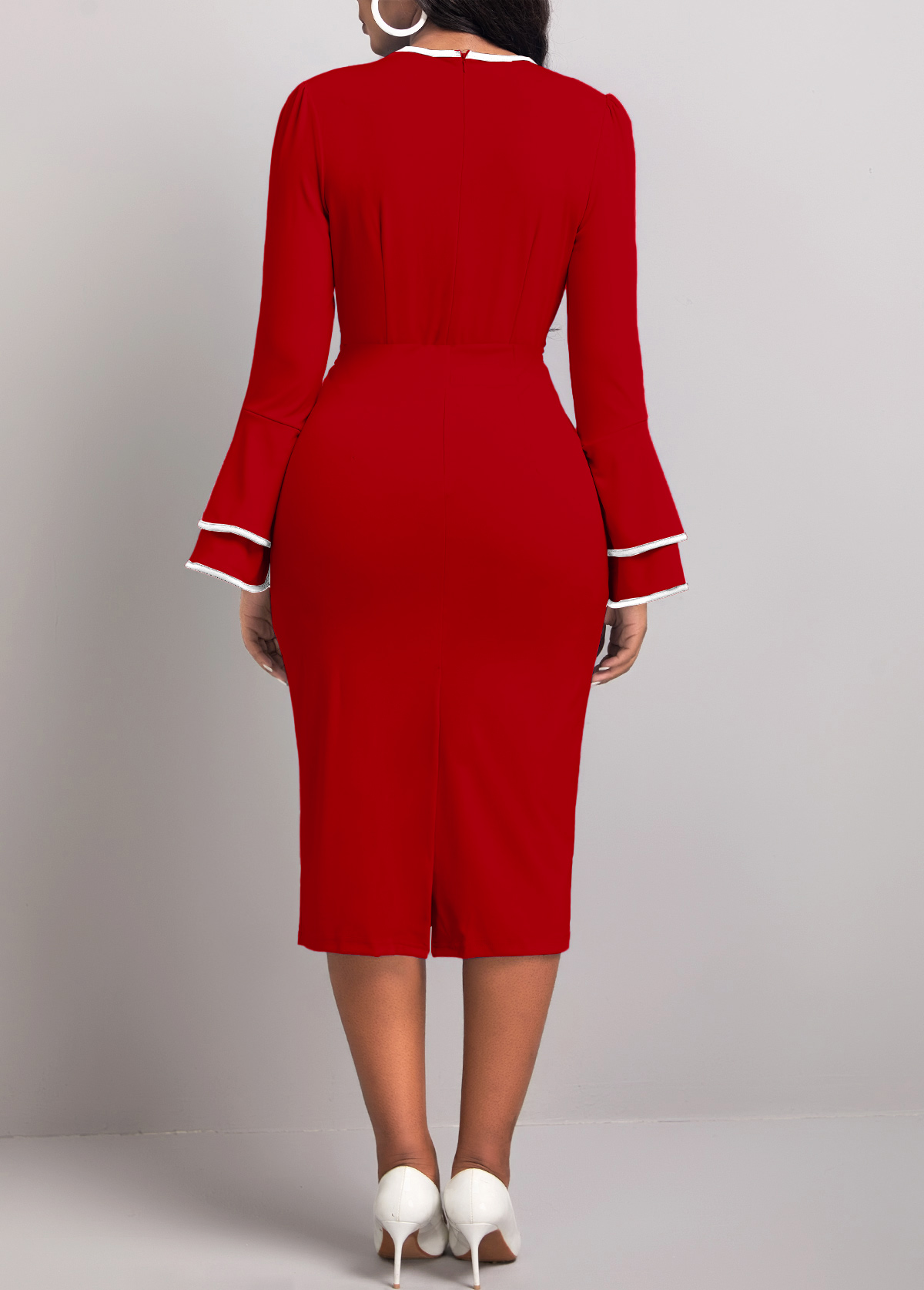 Wine Red Patchwork Leaf Print Long Sleeve Bodycon Dress