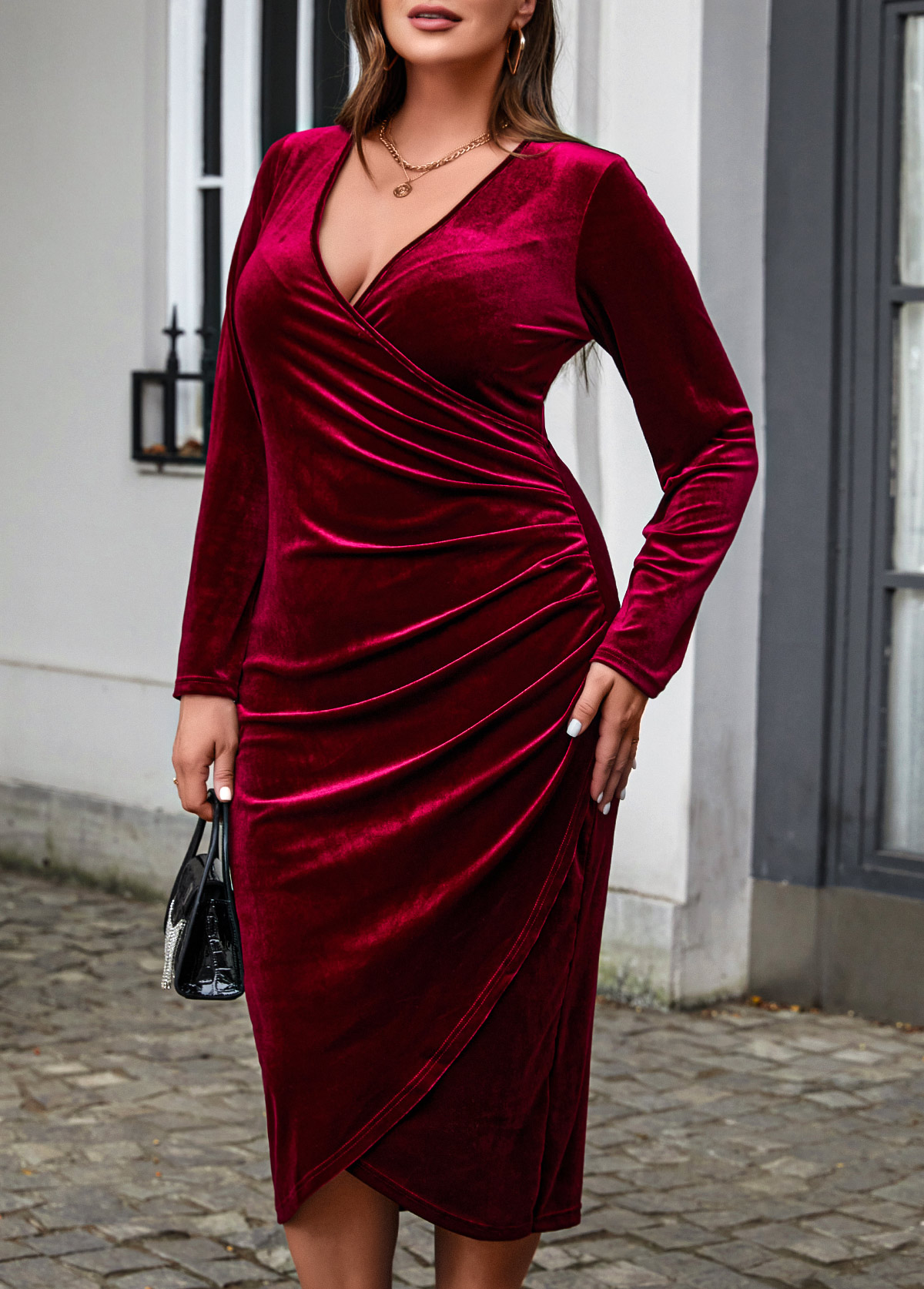 Wine Red Plus Size Long Sleeve Dress
