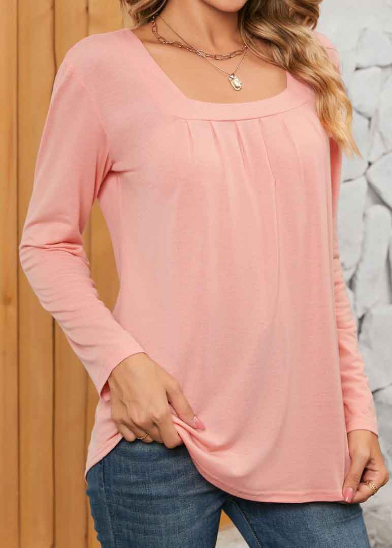 Dusty Pink Ruched Long Sleeve Square Neck T Shirt