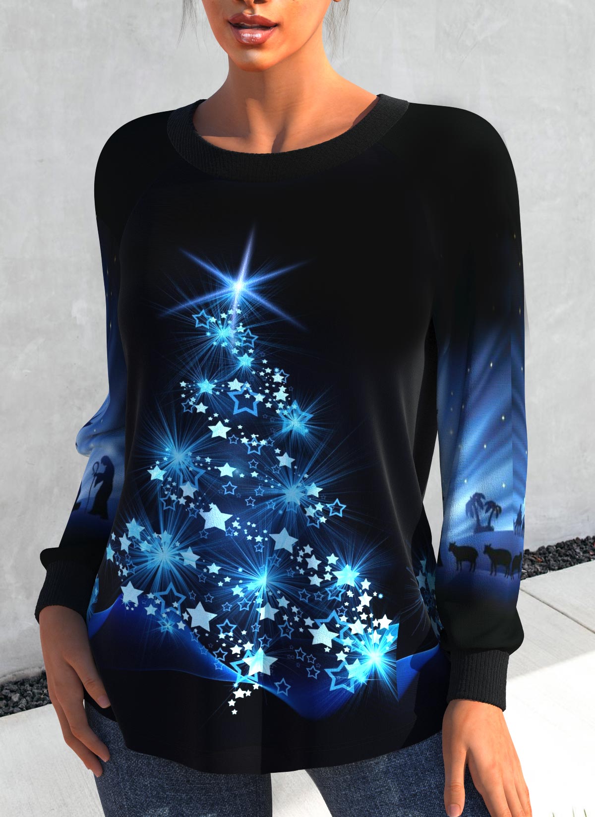 Black Christmas Tree Print Scoop Neck Sweatshirt