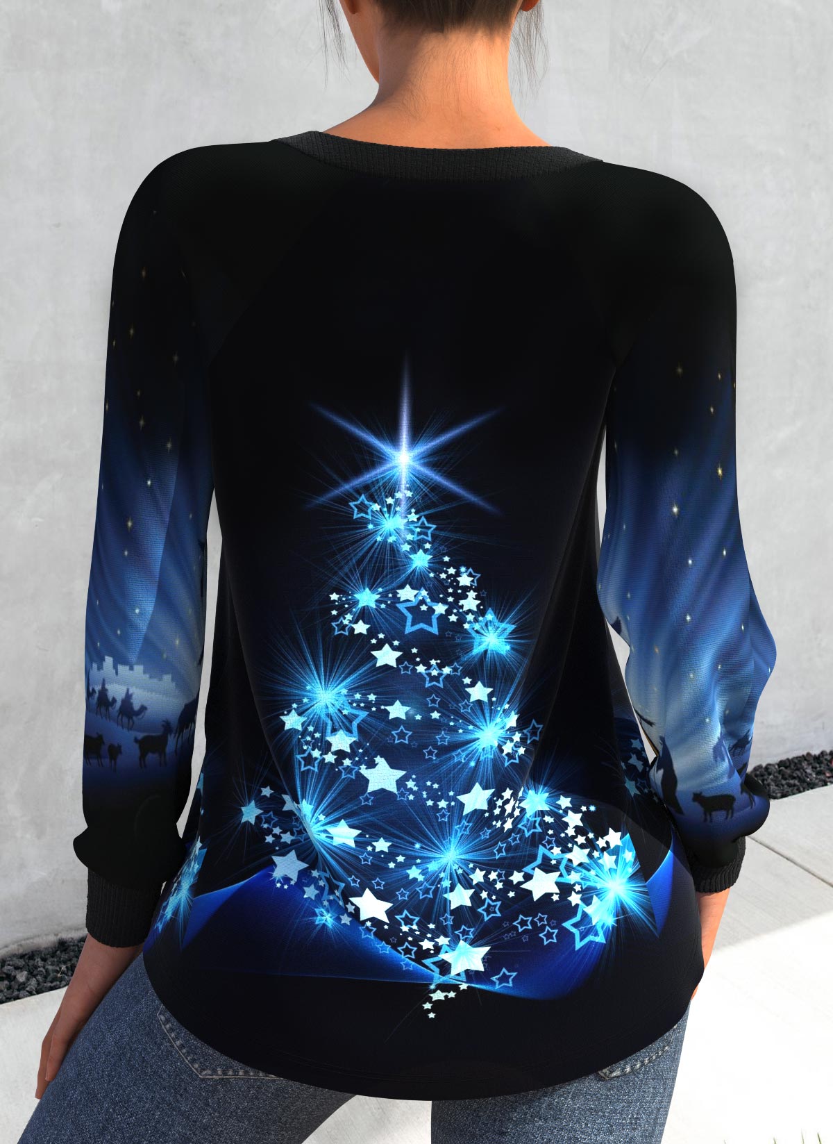 Black Christmas Tree Print Scoop Neck Sweatshirt