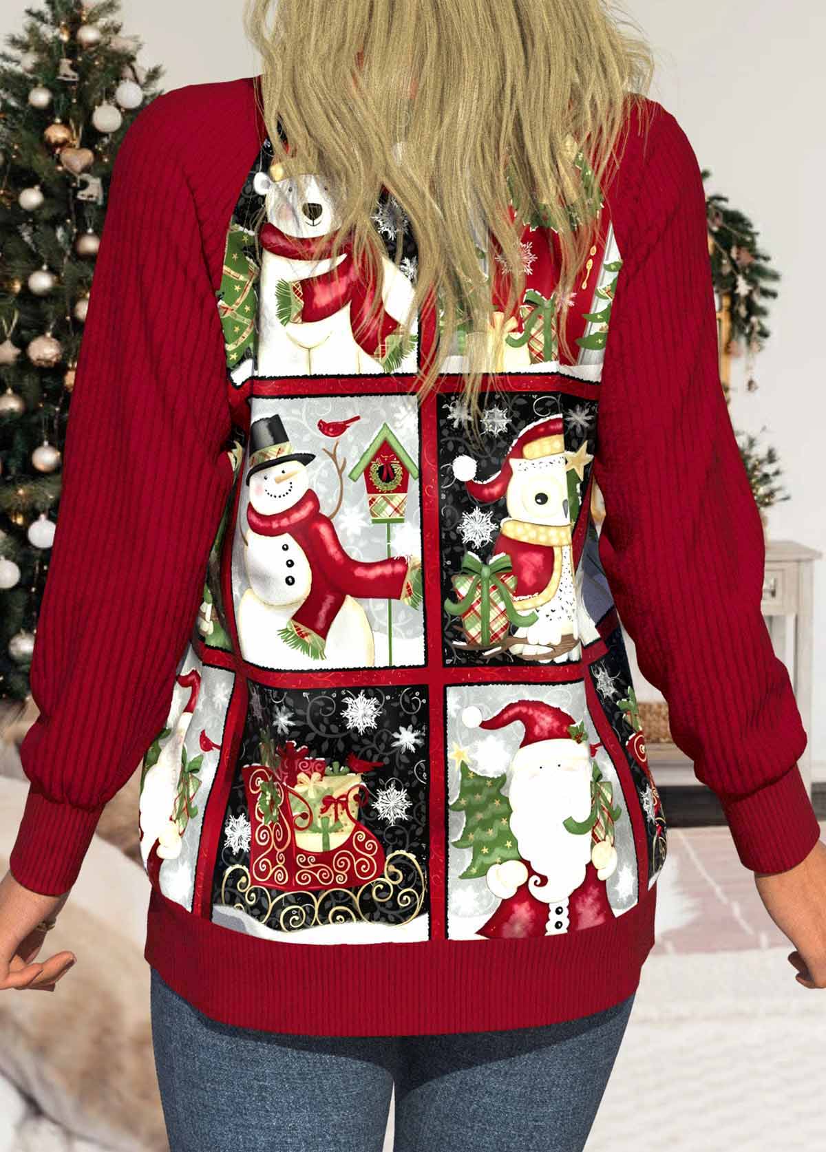 Wine Red Patchwork Christmas Print Long Sleeve Coat