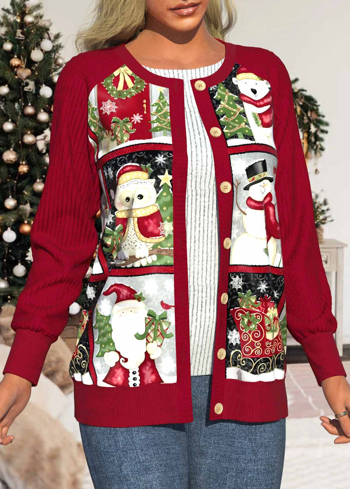 Wine Red Patchwork Christmas Print Long Sleeve Coat
