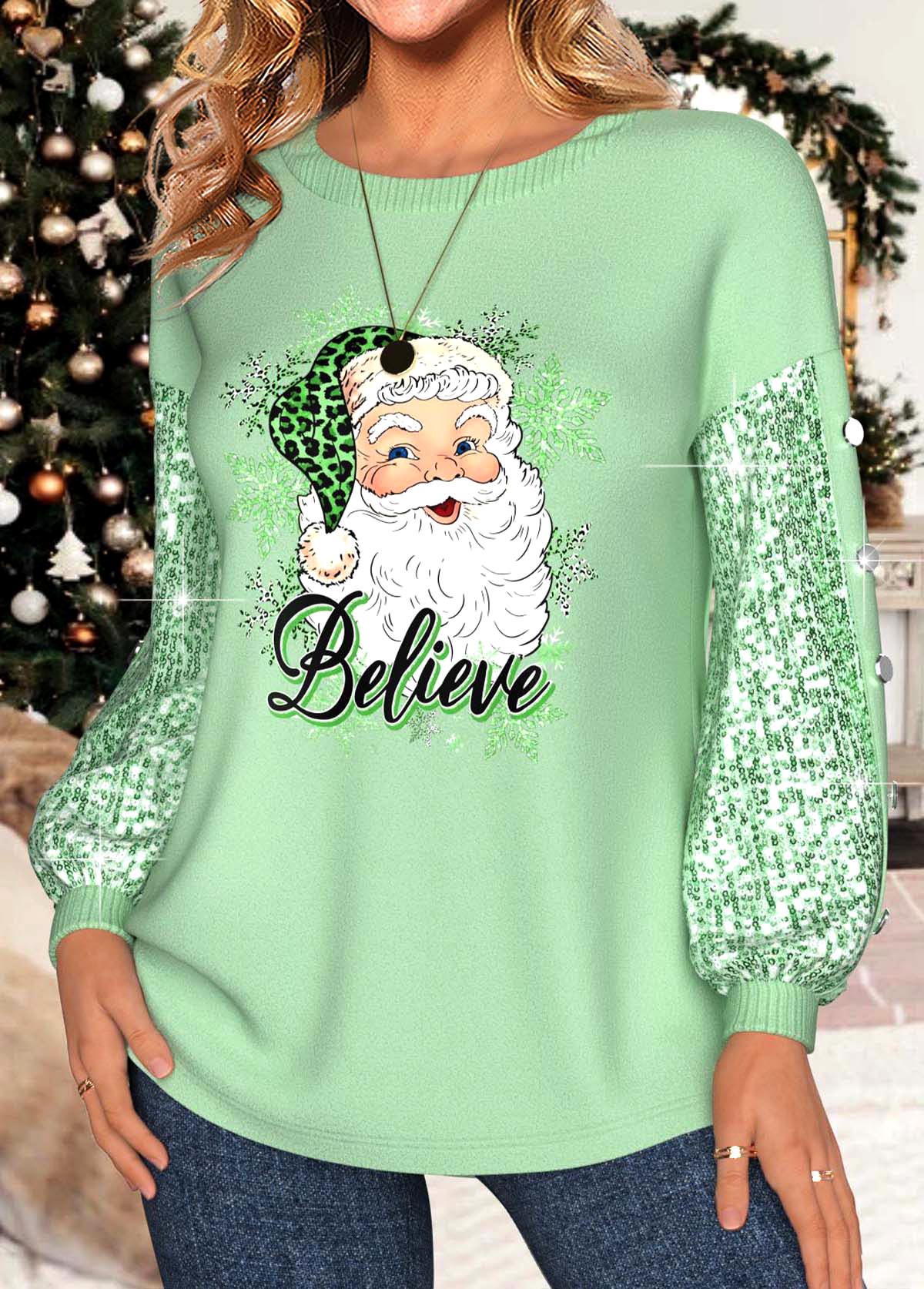Light Green Sequin Santa Claus Print Christmas Sweatshirt