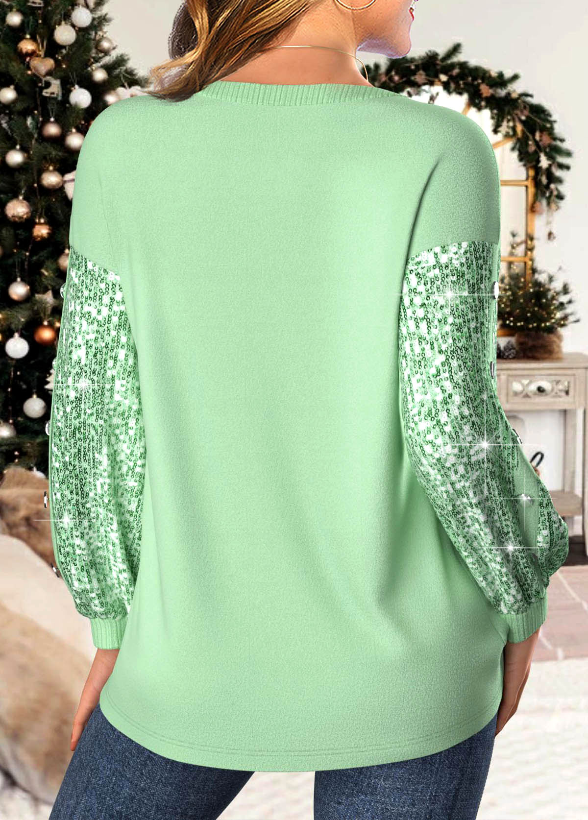 Light Green Sequin Santa Claus Print Christmas Sweatshirt