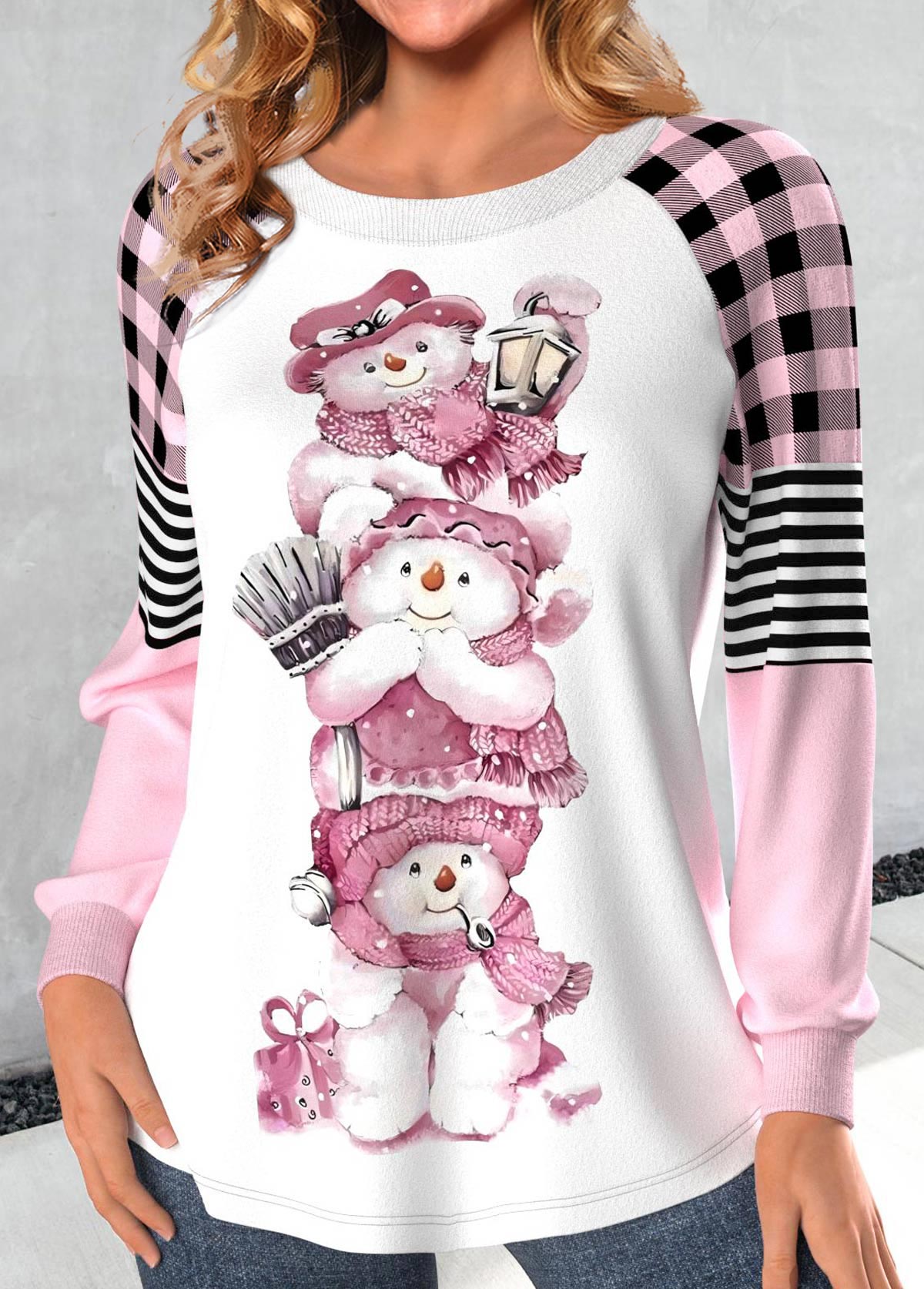 Light Pink Christmas Snowman Print Long Sleeve Sweatshirt Modlily light-pink-christmas-snowman-print-long-sleeve-sweatshirt-modlily
