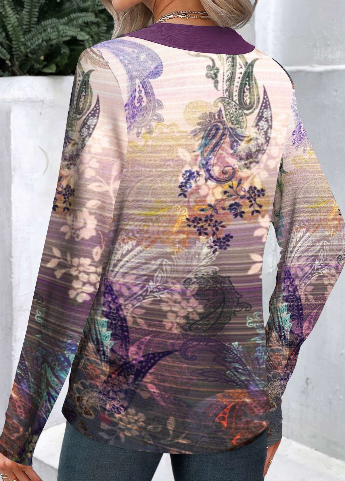 Dark Reddish Purple Button Paisley Print T Shirt | picture 