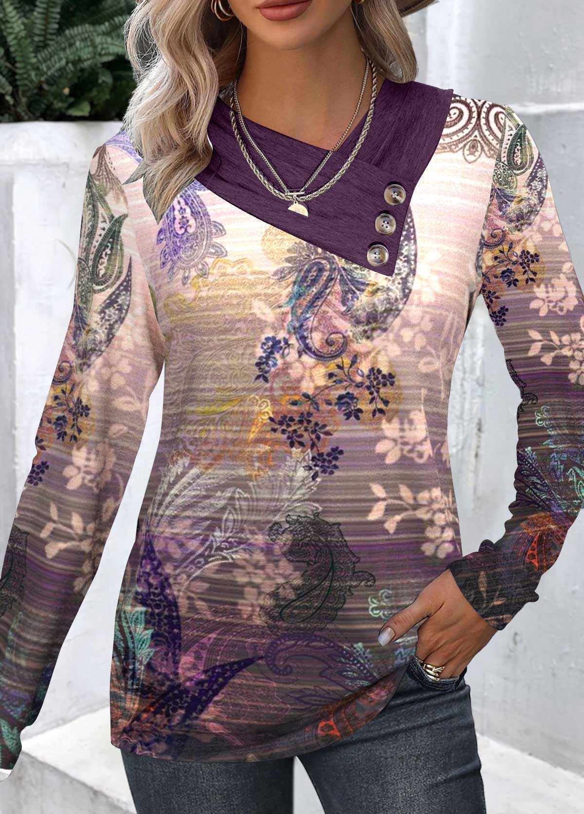 Dark Reddish Purple Button Paisley Print T Shirt | picture 